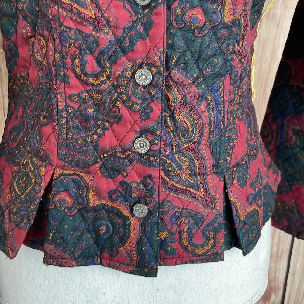 Kenneth Gordon Quilted Paisley Fitted Jacket Burgundy/Green/Yellow/Blue Size 4 - Picture 3 of 12